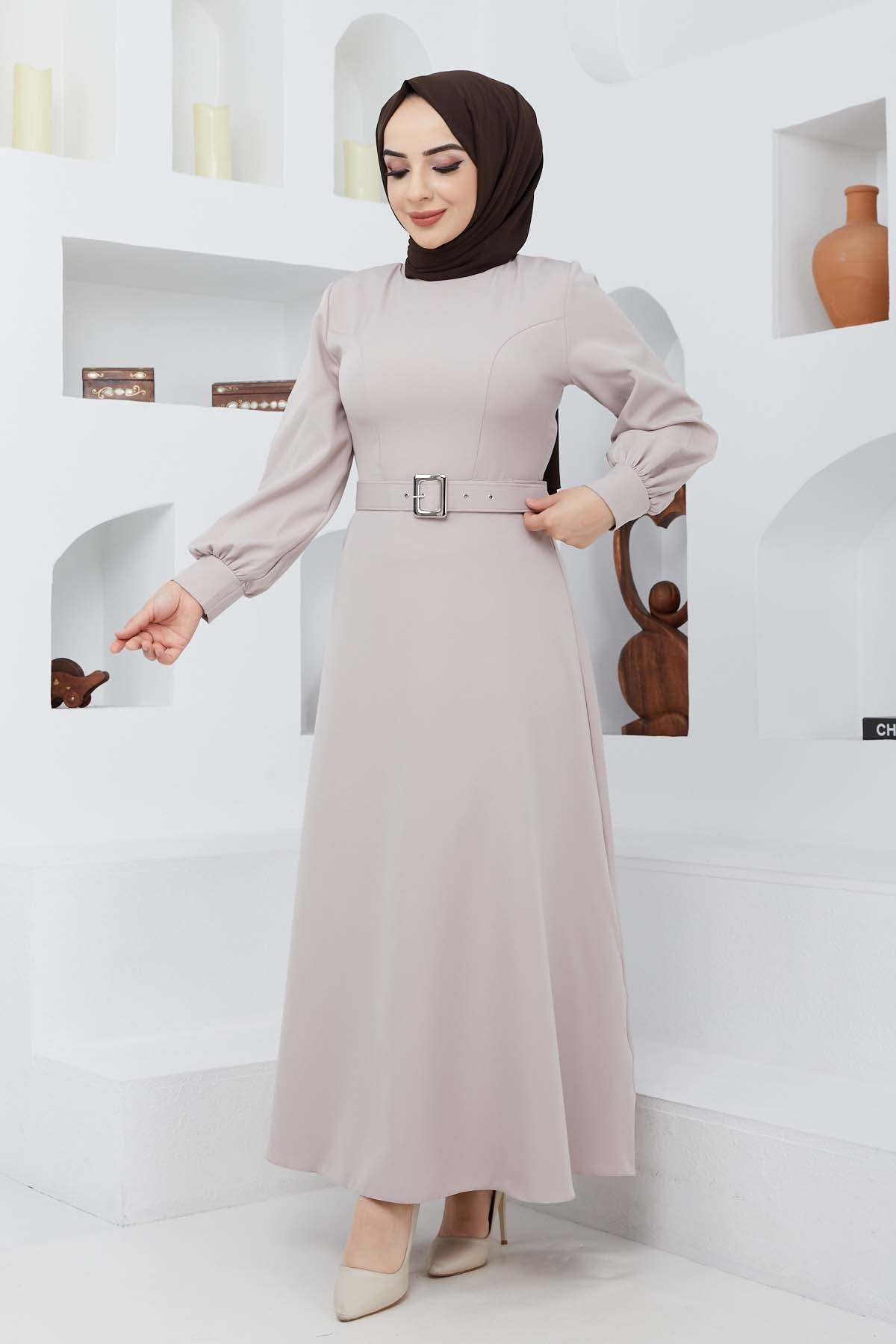 Kemerli Kiloş Elbise - Bej