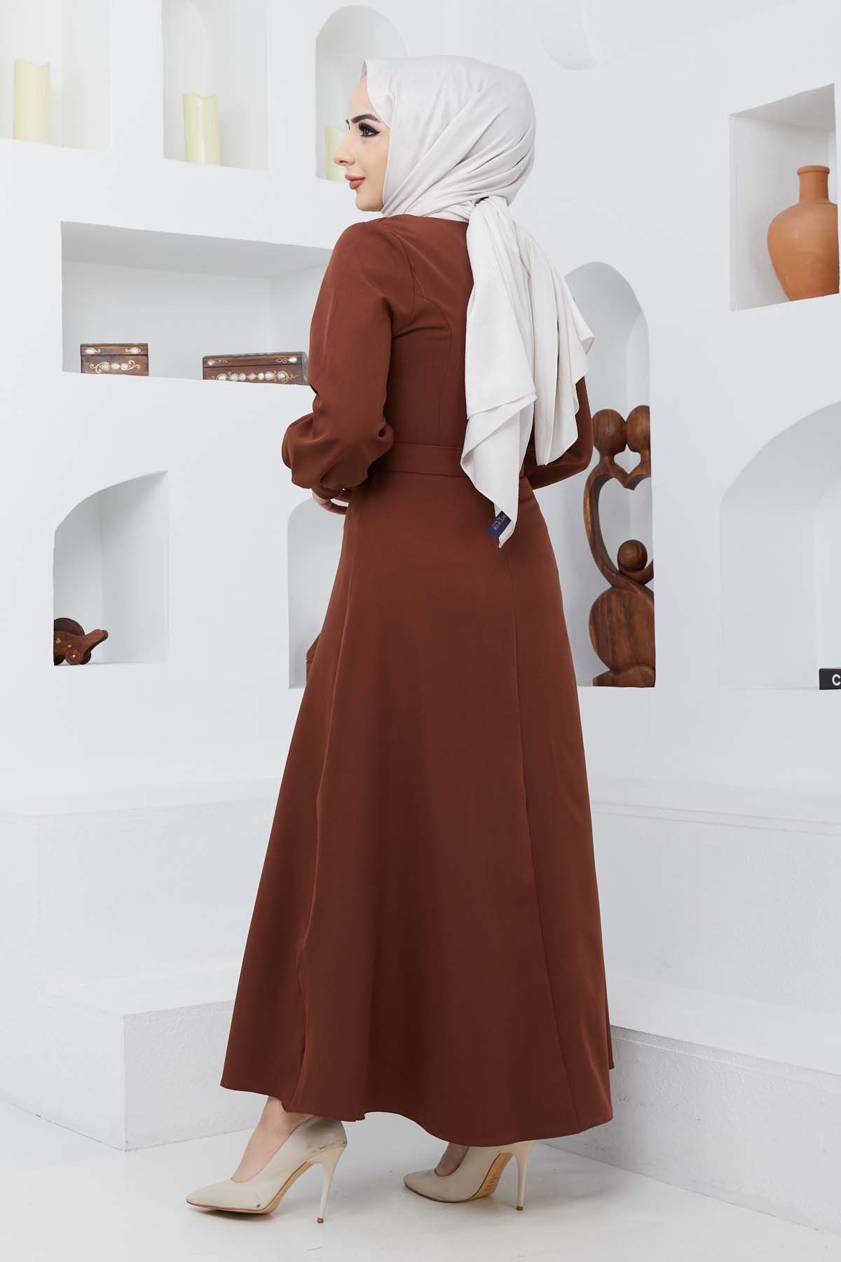 Kemerli Kiloş Elbise - Kahve