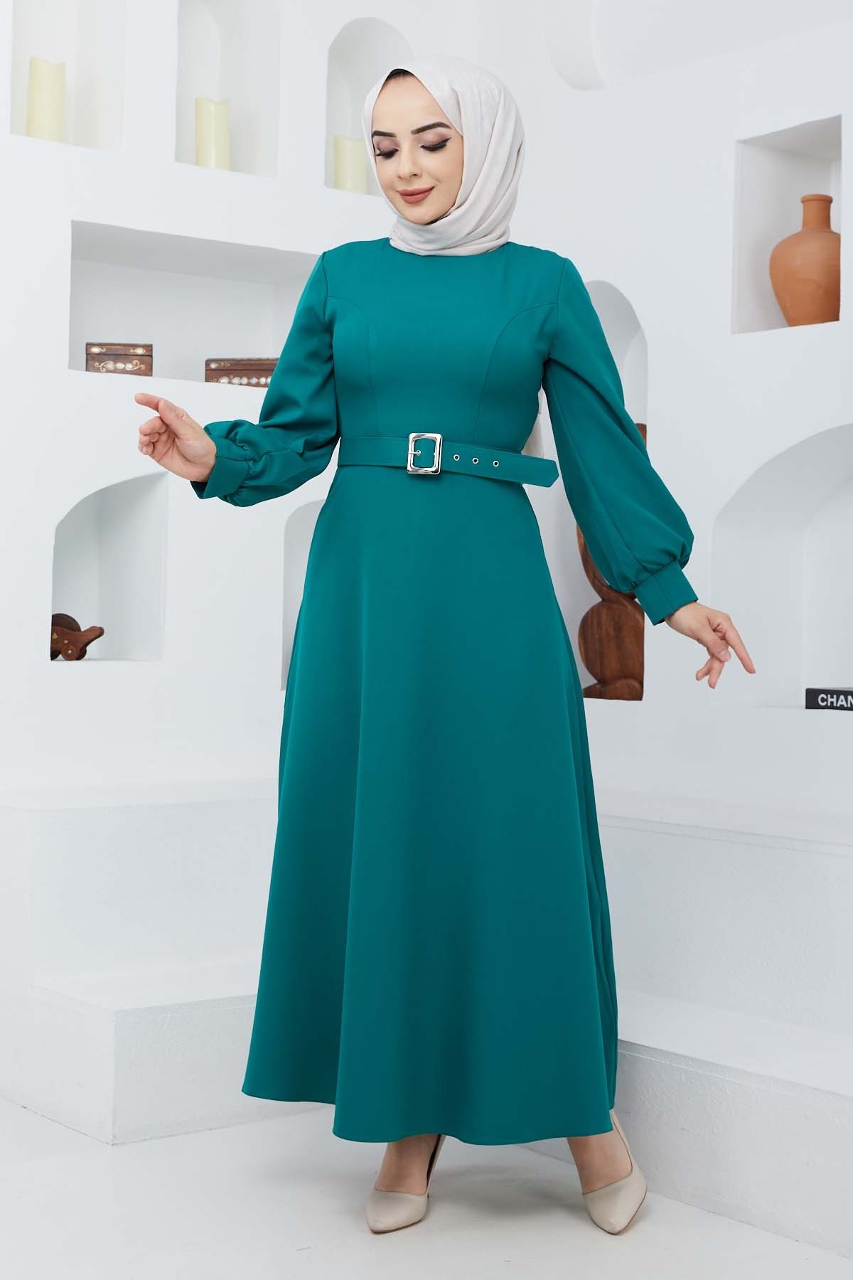 Kemerli Kiloş Elbise - Yeşil