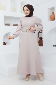 Kemerli Kiloş Elbise - Bej