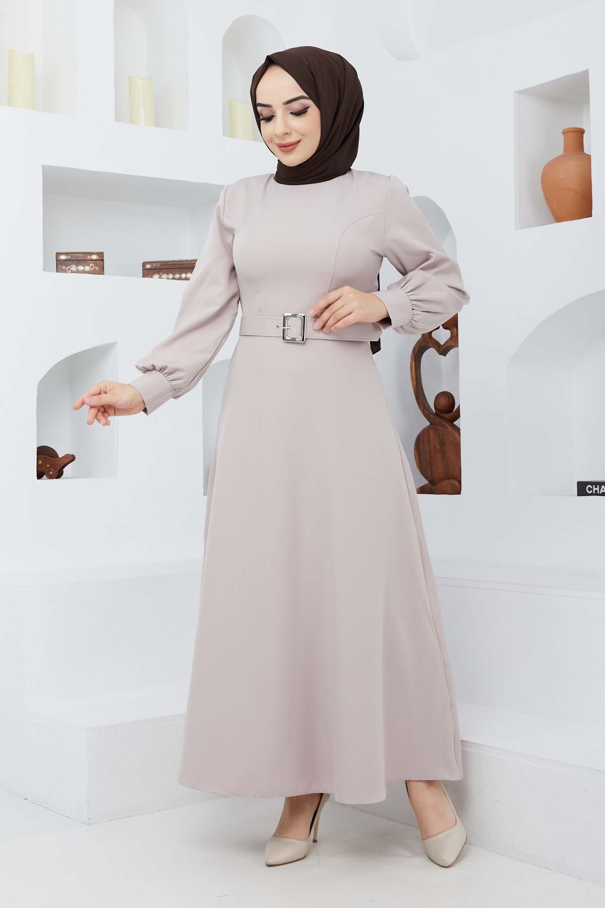 Kemerli Kiloş Elbise - Bej