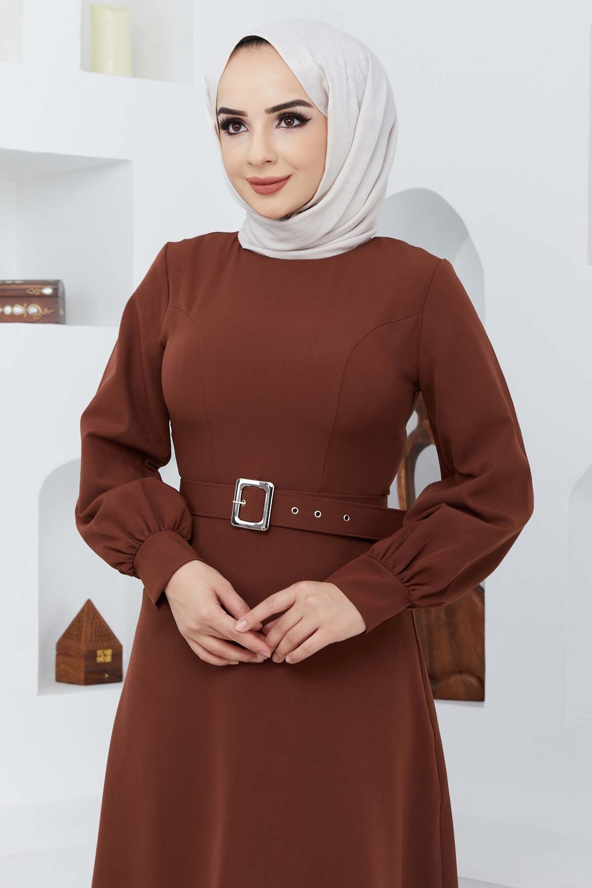 Kemerli Kiloş Elbise - Kahve