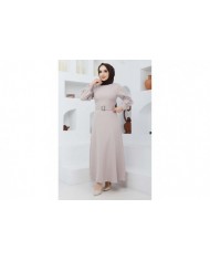 Kemerli Kiloş Elbise - Bej