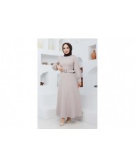 Kemerli Kiloş Elbise - Bej