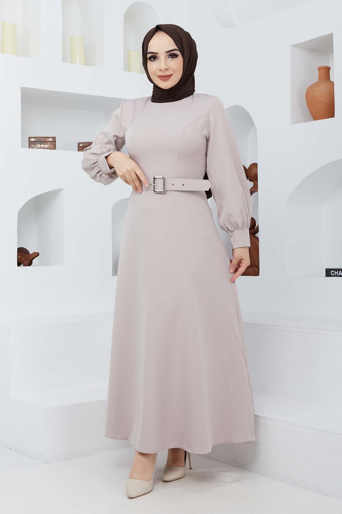 Kemerli Kiloş Elbise - Bej