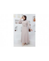 Kemerli Kiloş Elbise - Bej