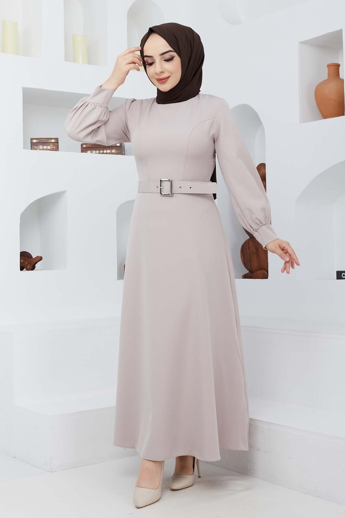 Kemerli Kiloş Elbise - Bej