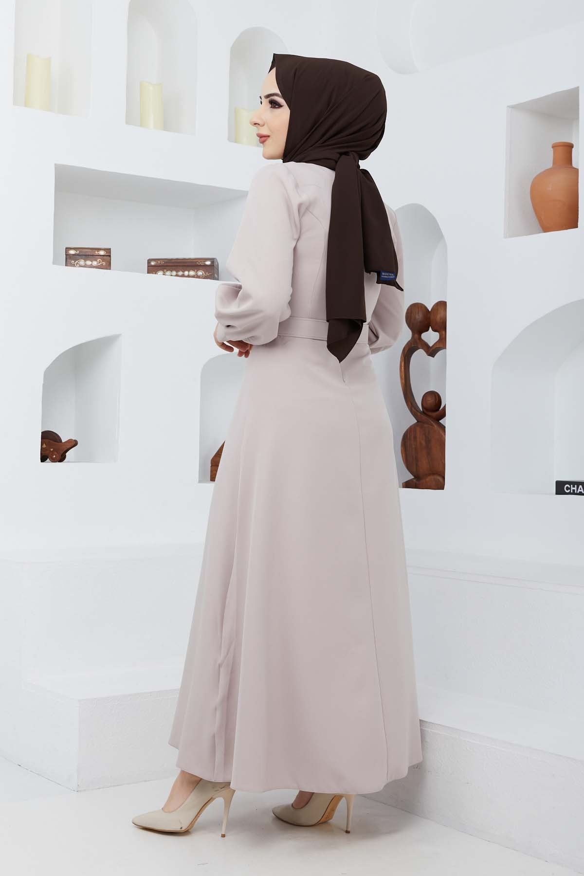 Kemerli Kiloş Elbise - Bej