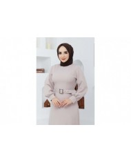 Kemerli Kiloş Elbise - Bej