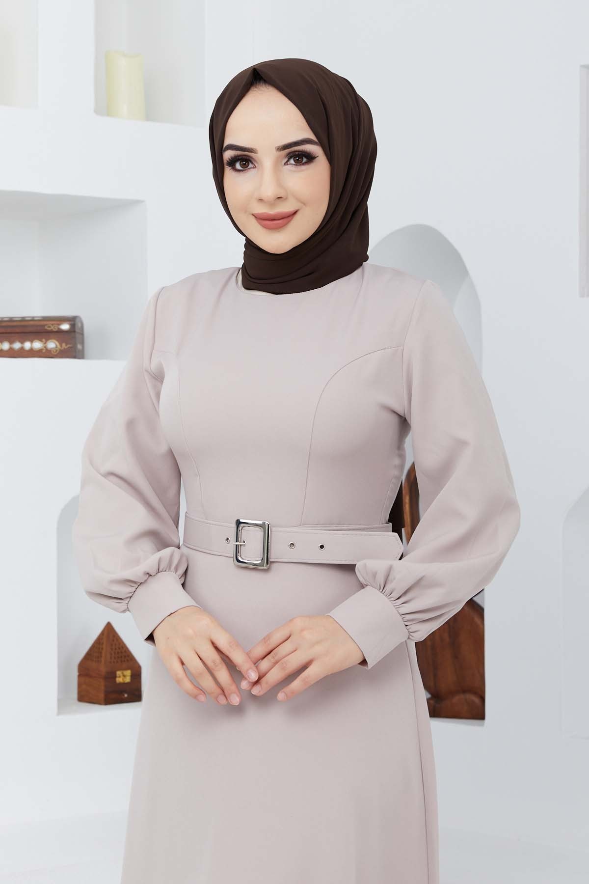 Kemerli Kiloş Elbise - Bej