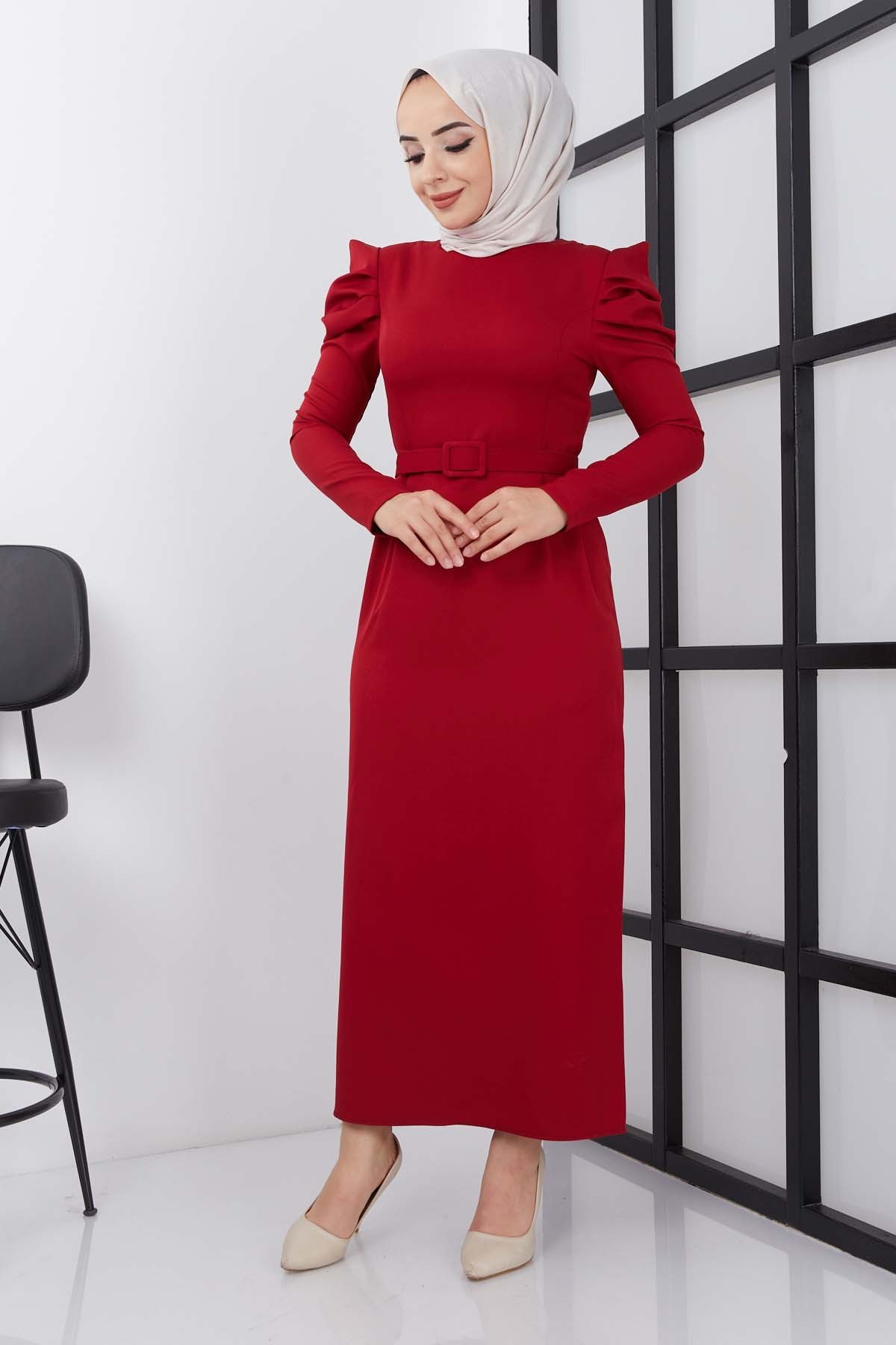 Asi Krep Elbise - Kırmızı