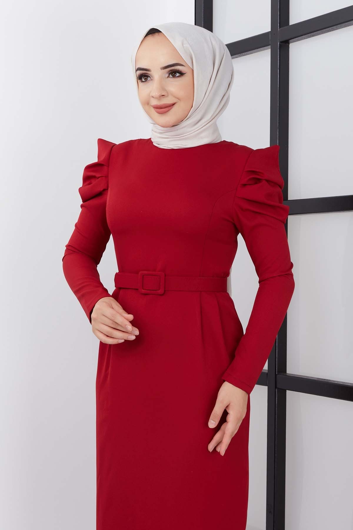 Asi Krep Elbise - Kırmızı