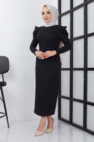 Asi Krep Elbise - Siyah