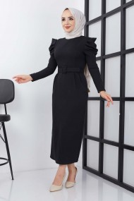 Asi Krep Elbise - Siyah