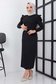 Asi Krep Elbise - Siyah