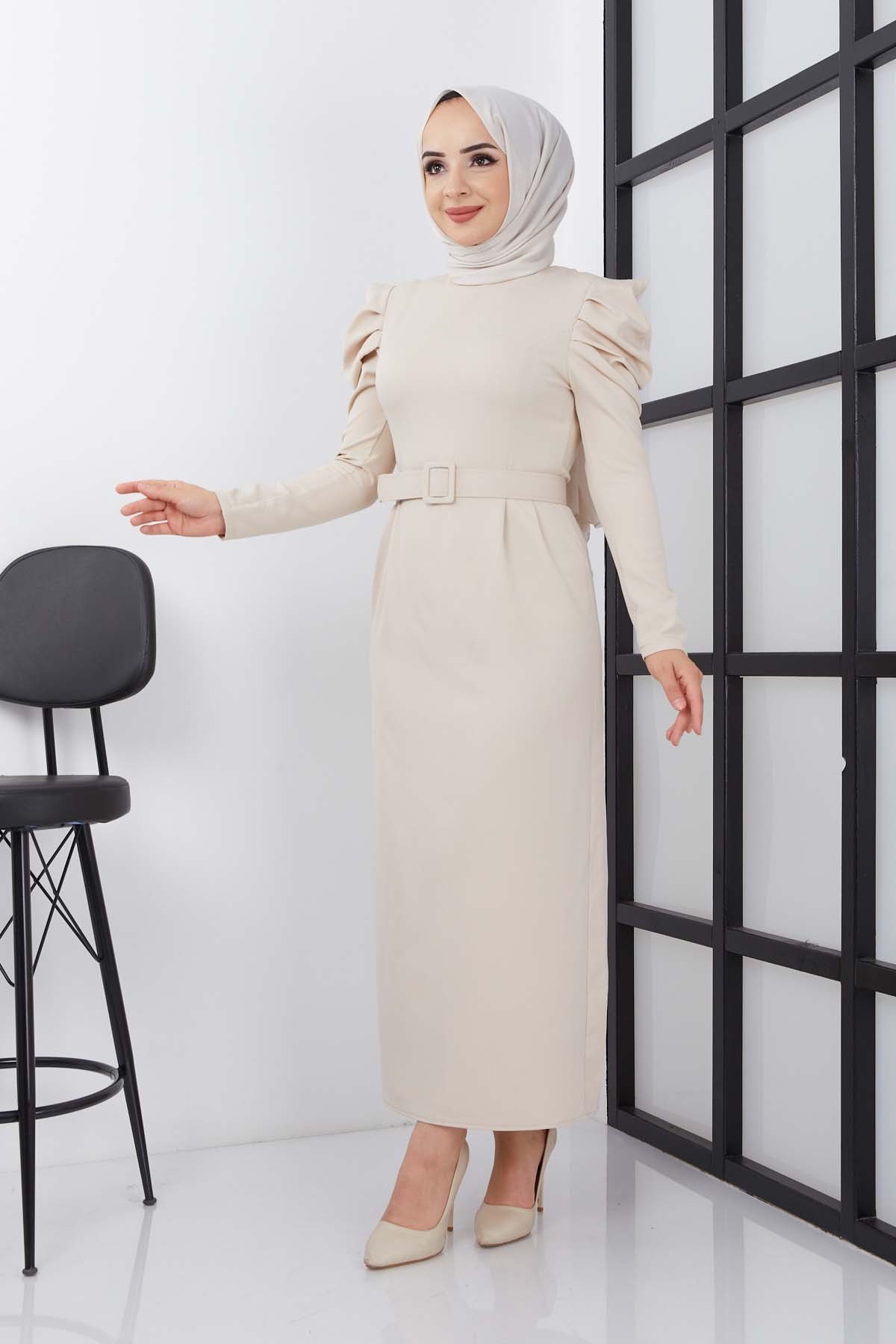 Asi Krep Elbise - Bej