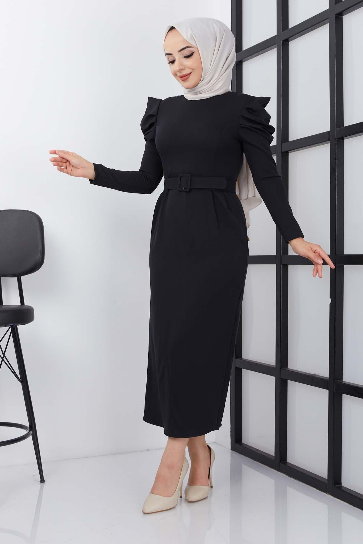 Asi Krep Elbise - Siyah
