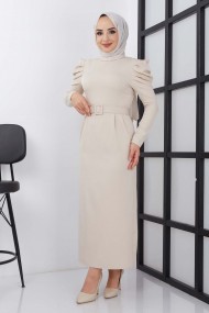 Asi Krep Elbise - Bej
