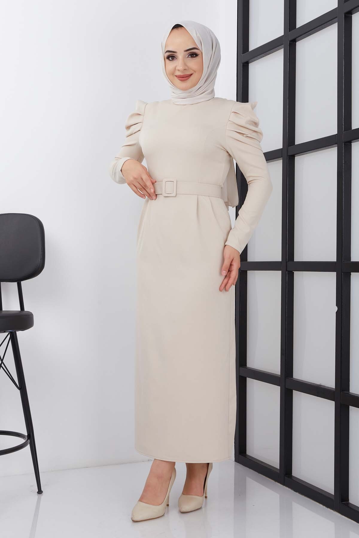 Asi Krep Elbise - Bej