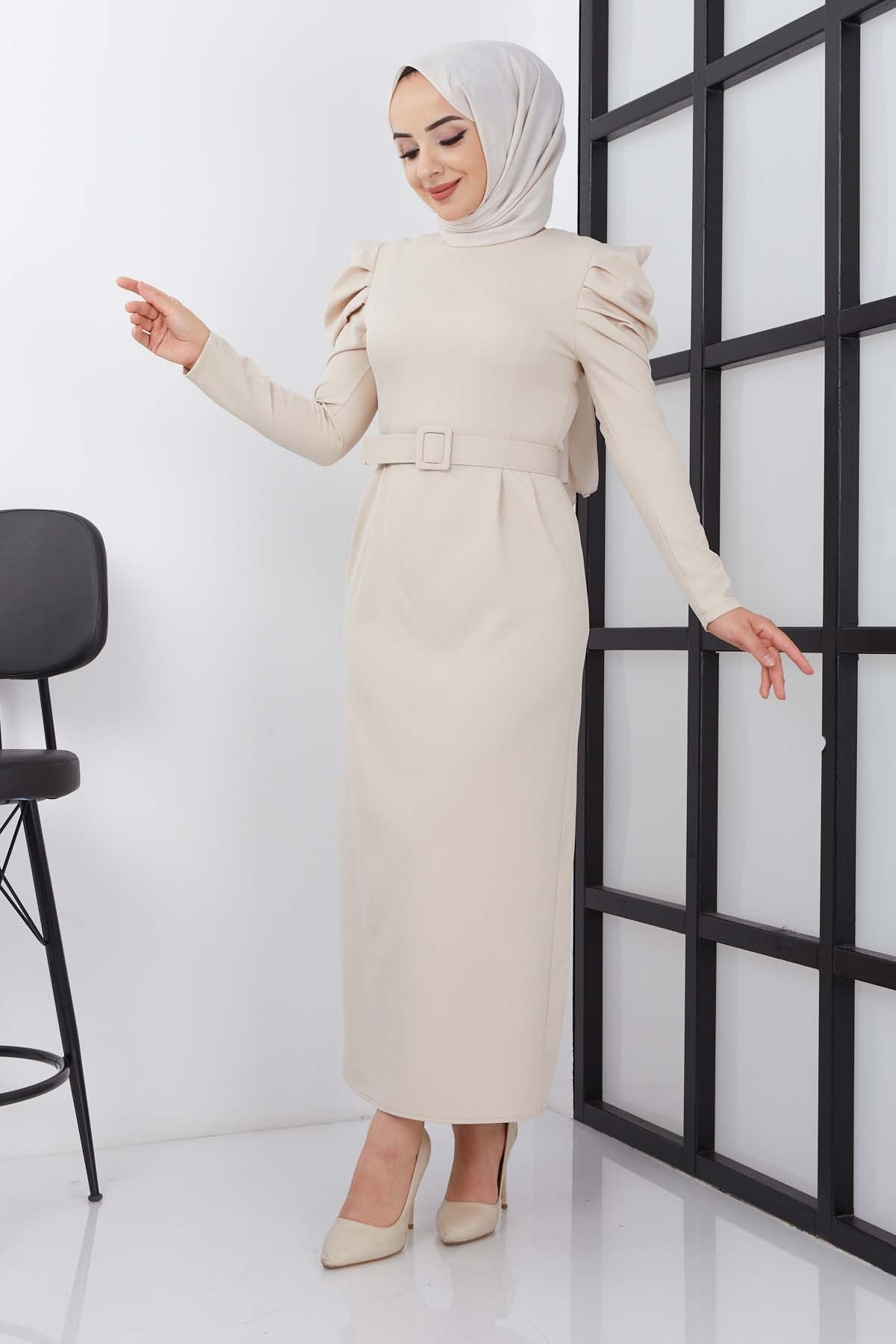 Asi Krep Elbise - Bej