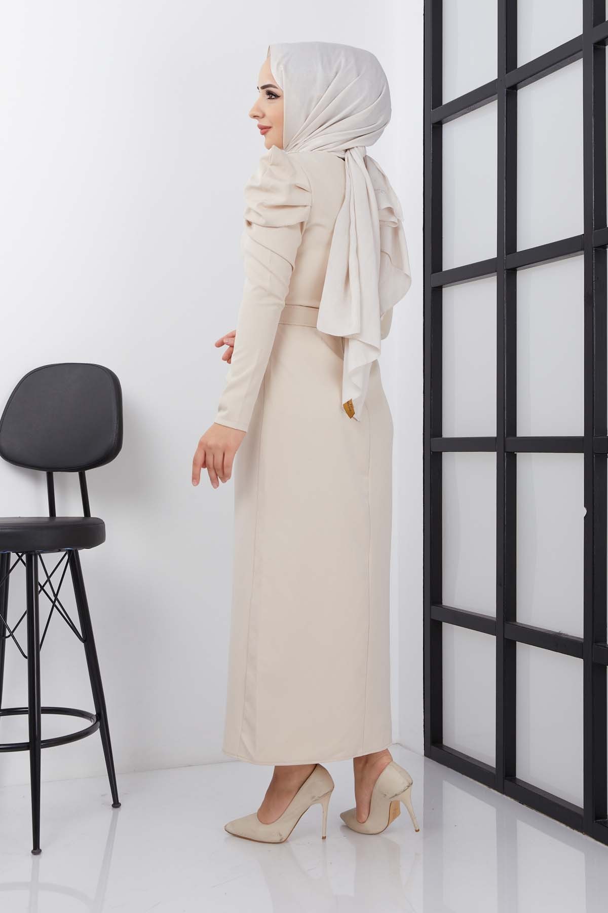 Asi Krep Elbise - Bej