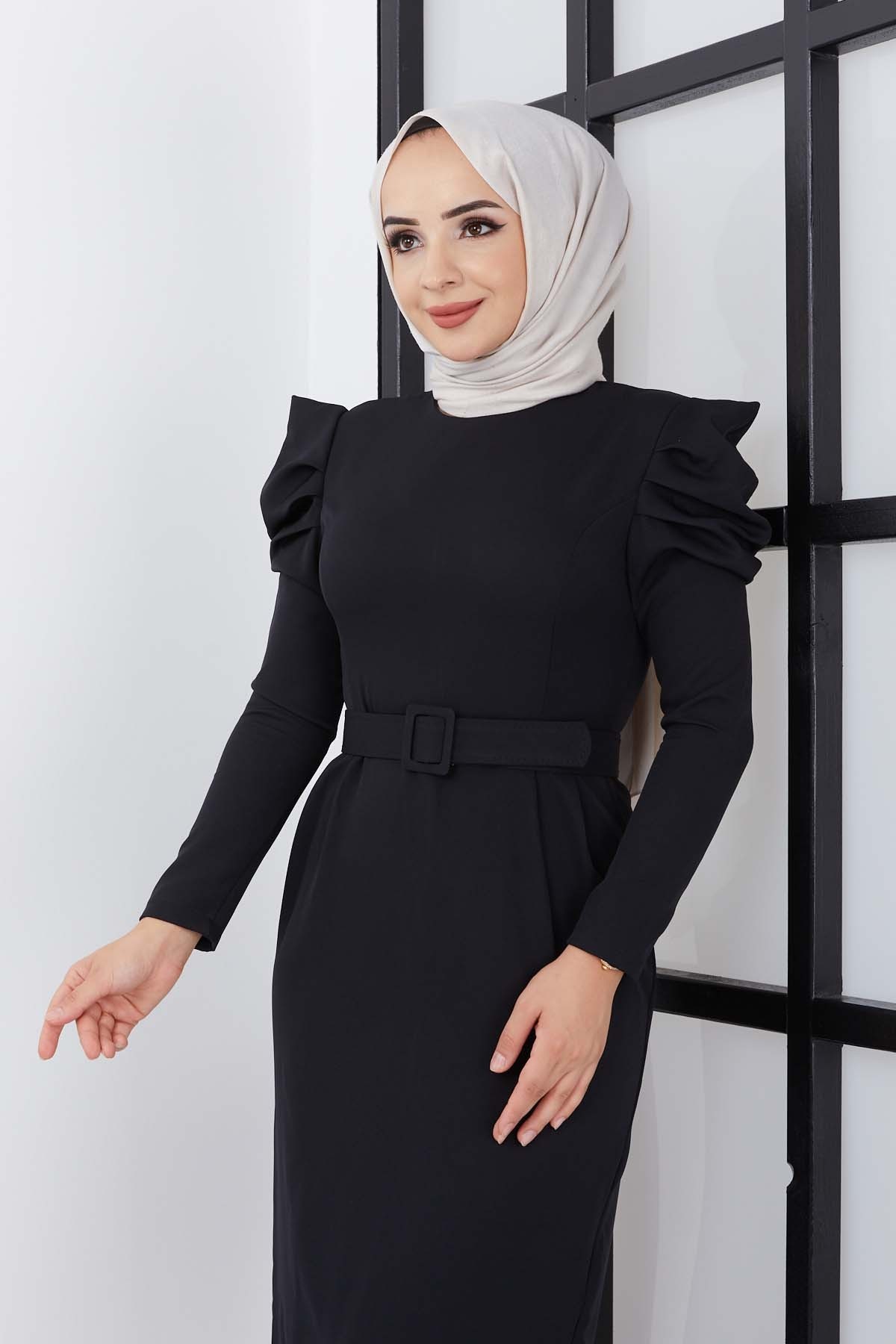 Asi Krep Elbise - Siyah