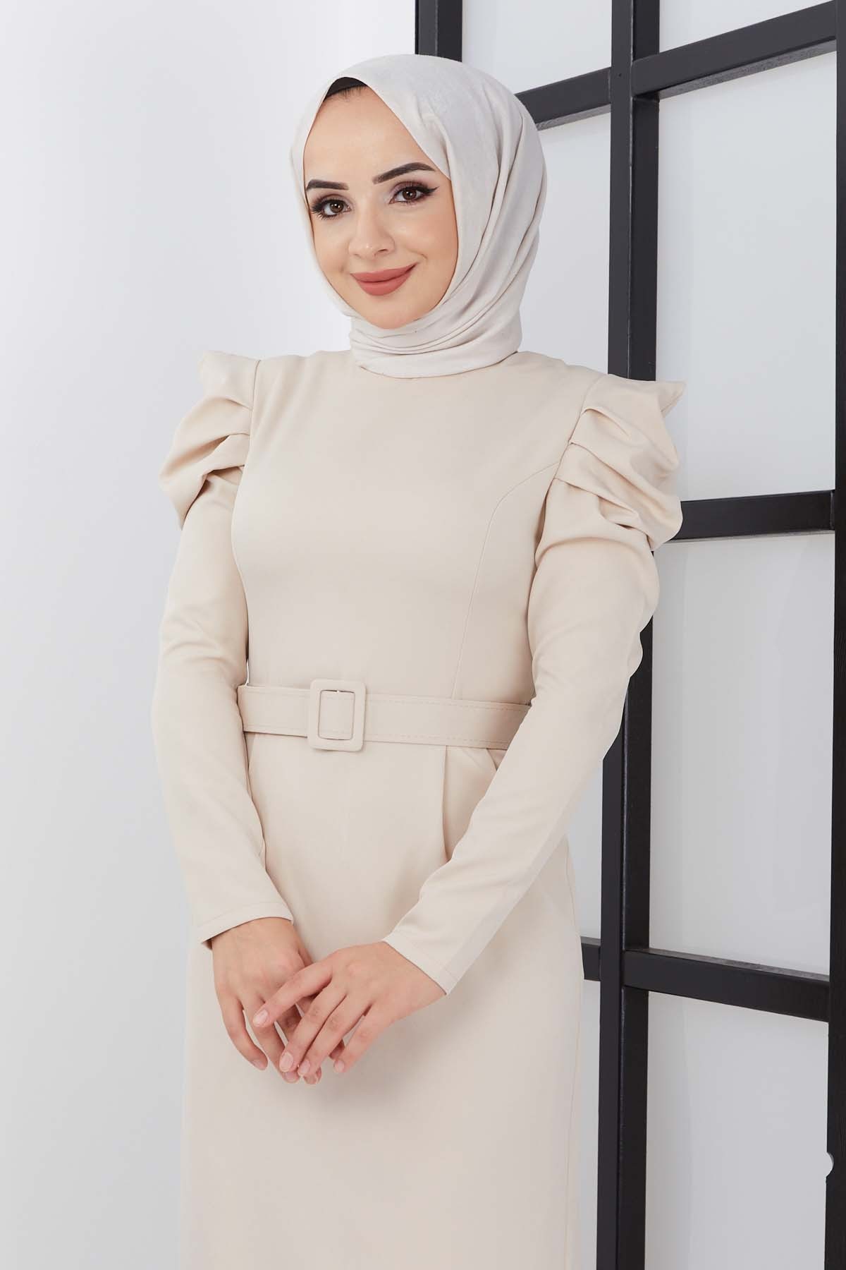 Asi Krep Elbise - Bej