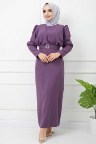 Süper Krep Kemerli Elbise - Lila