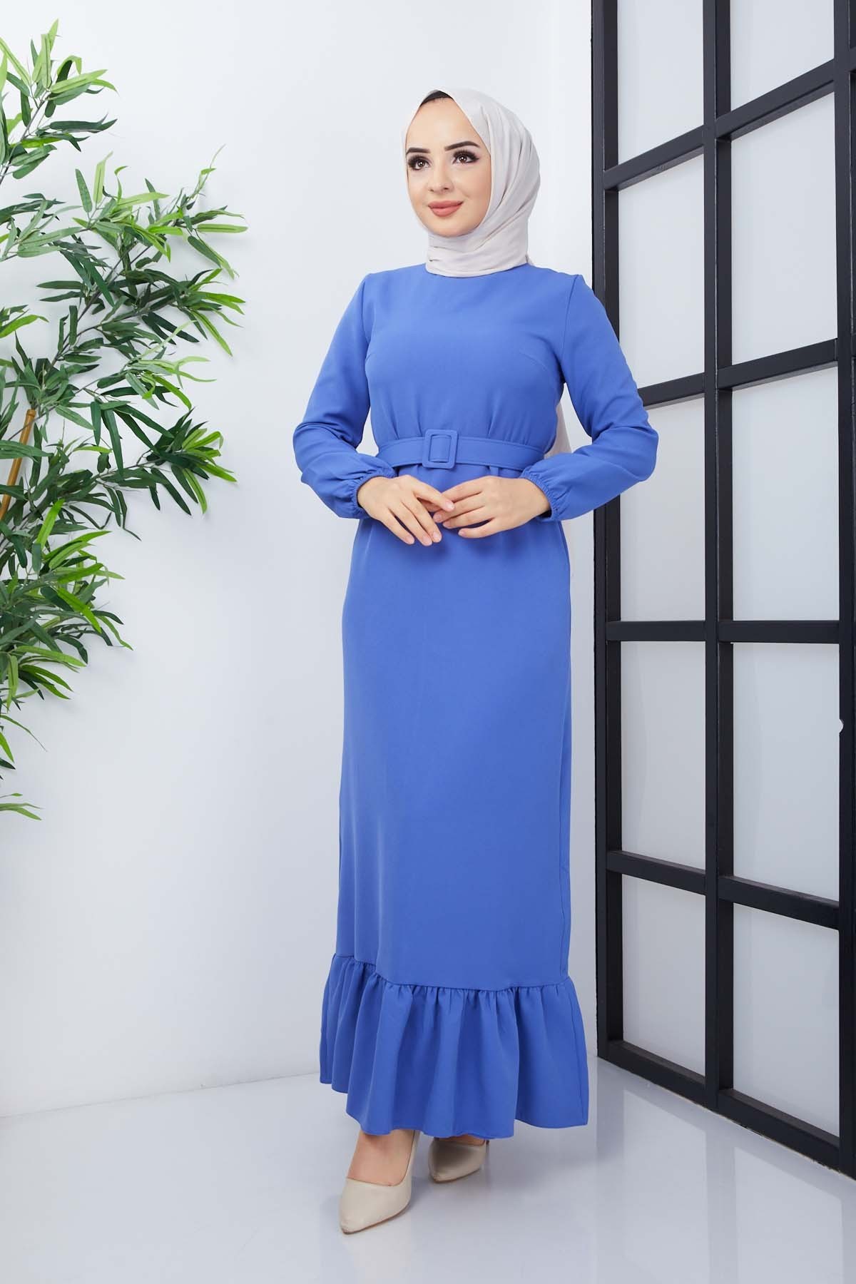 Gülce Krep Elbise - Mavi