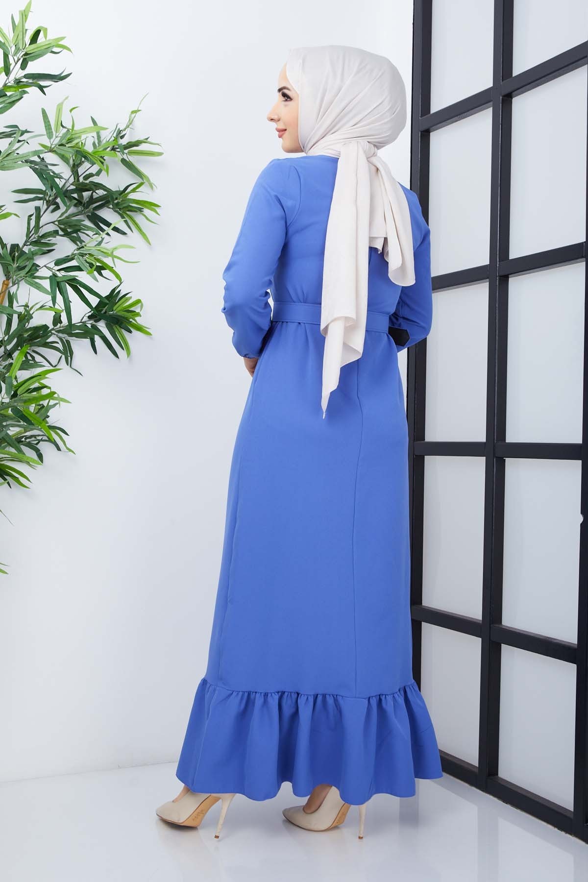 Gülce Krep Elbise - Mavi