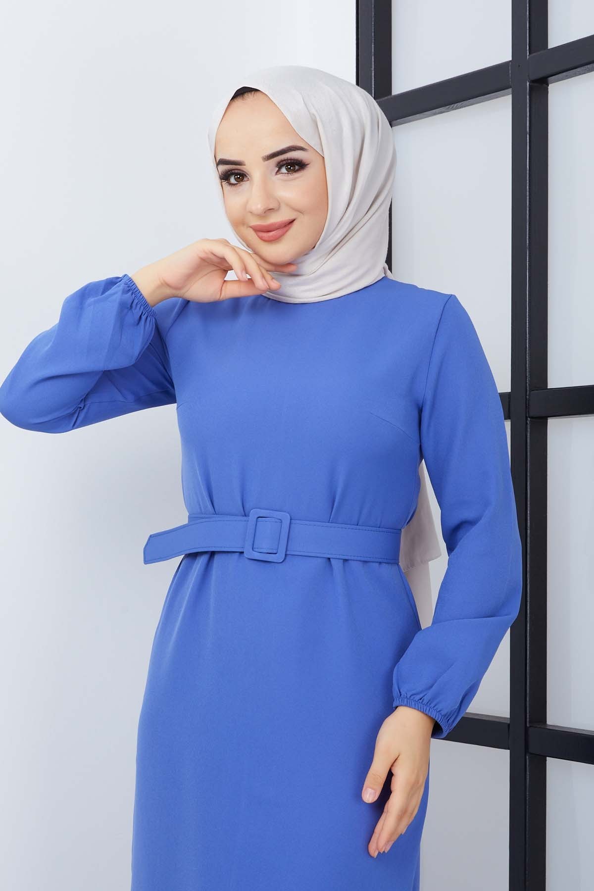 Gülce Krep Elbise - Mavi