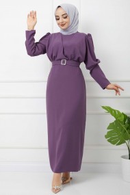 Süper Krep Kemerli Elbise - Lila