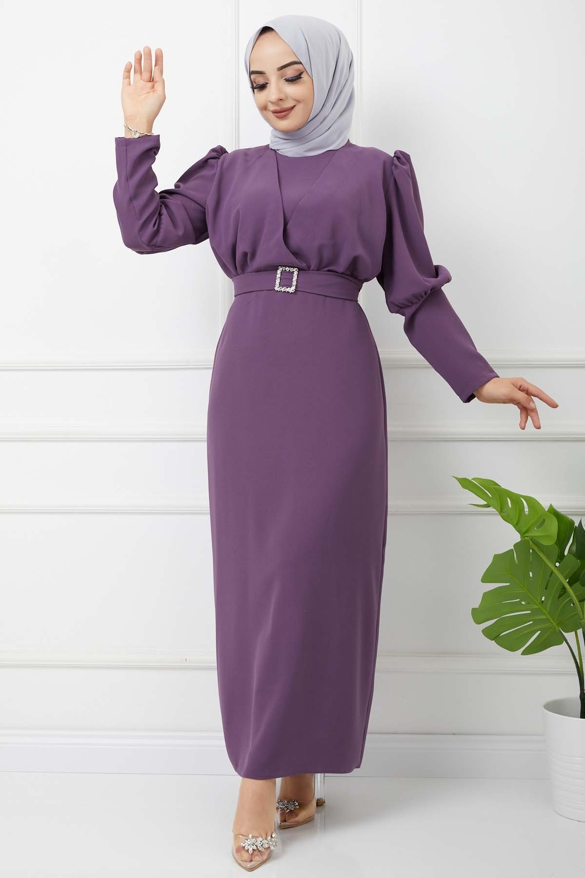 Süper Krep Kemerli Elbise - Lila