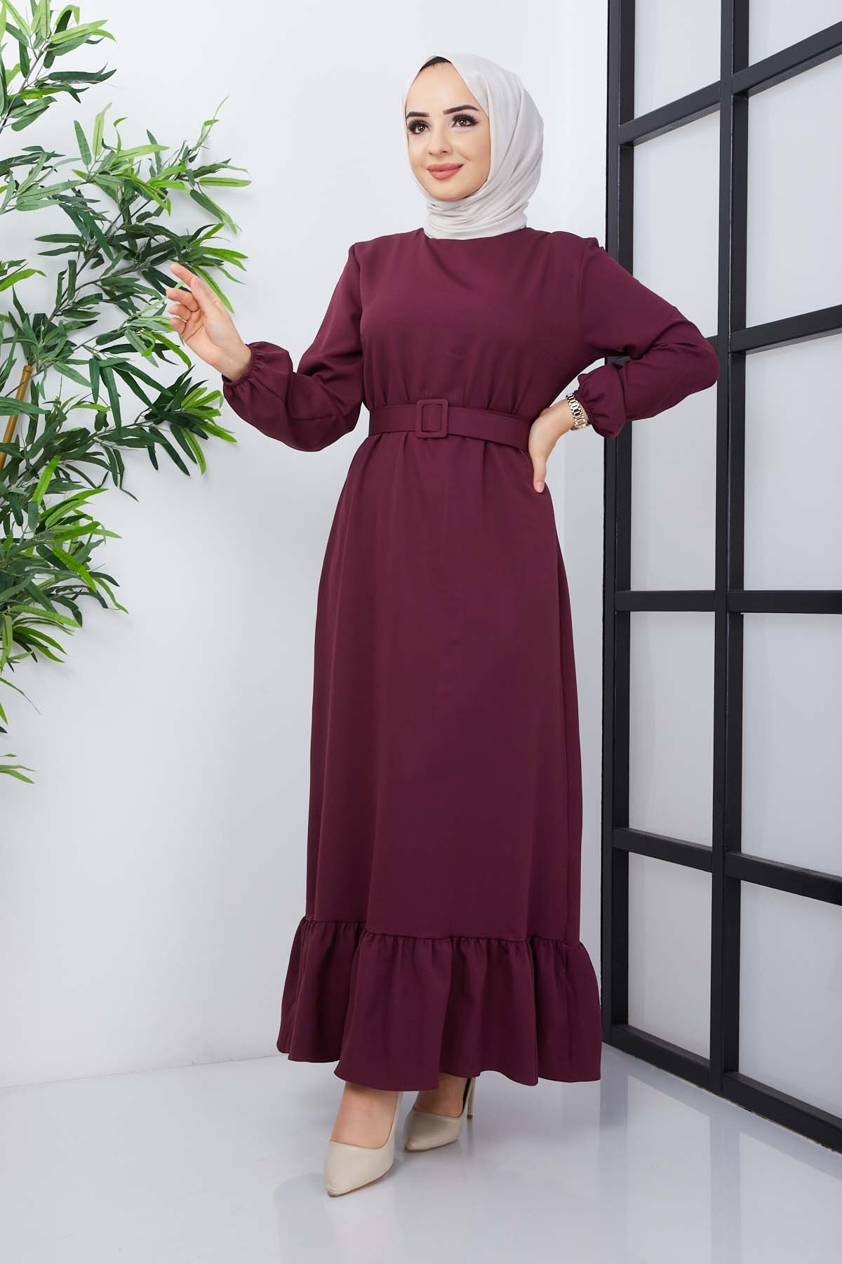 Gülce Krep Elbise - Mürdüm