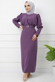 Süper Krep Kemerli Elbise - Lila