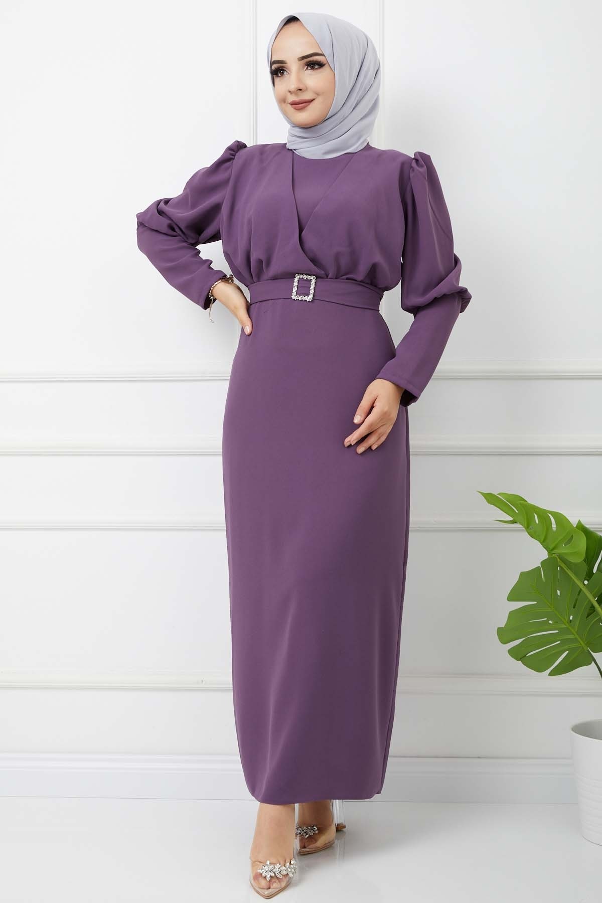 Süper Krep Kemerli Elbise - Lila