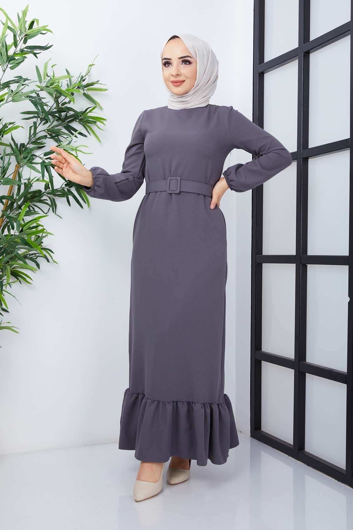 Gülce Krep Elbise - Gri