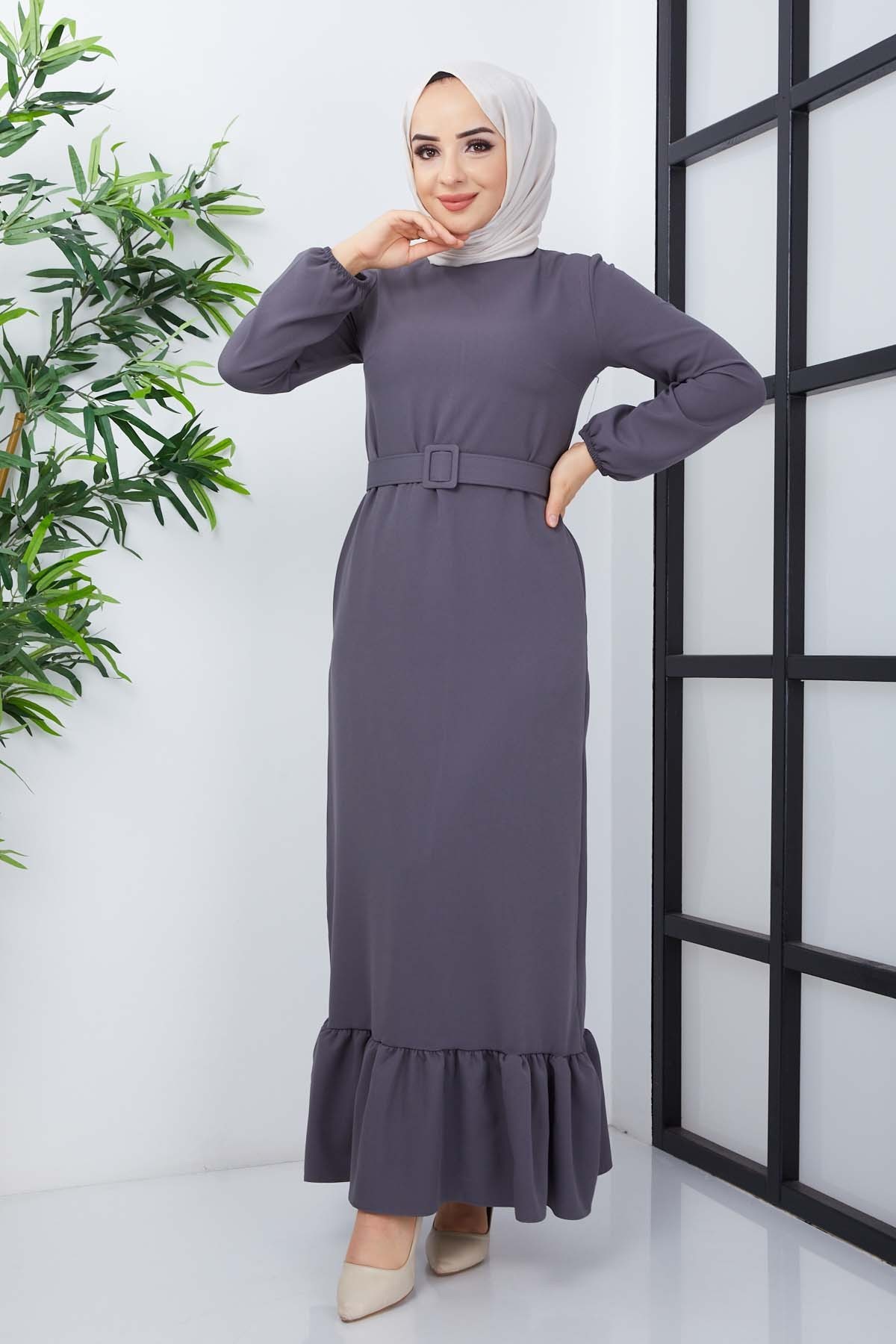 Gülce Krep Elbise - Gri