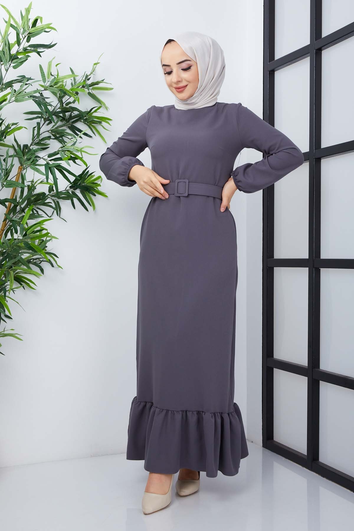 Gülce Krep Elbise - Gri