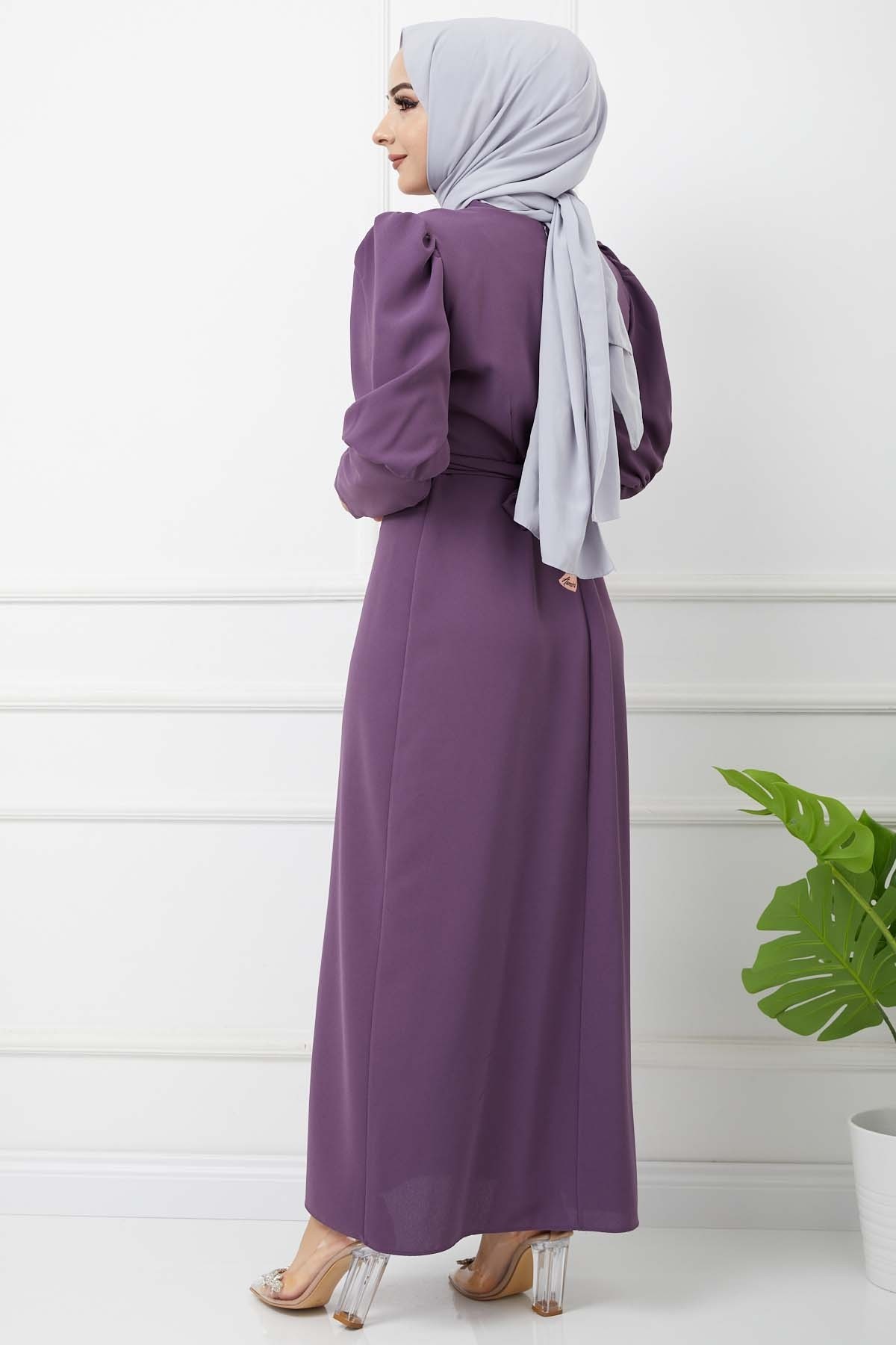 Süper Krep Kemerli Elbise - Lila