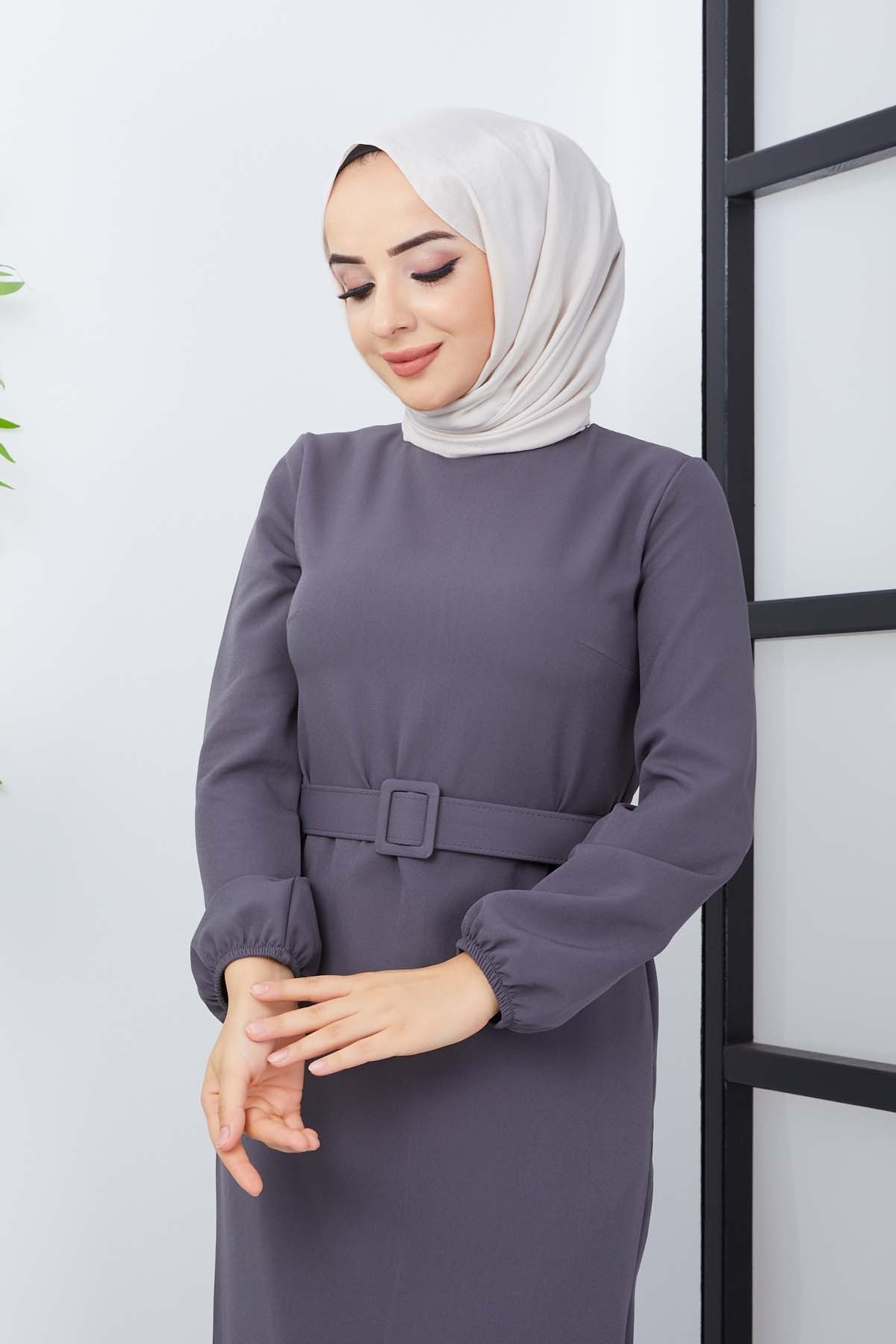 Gülce Krep Elbise - Gri