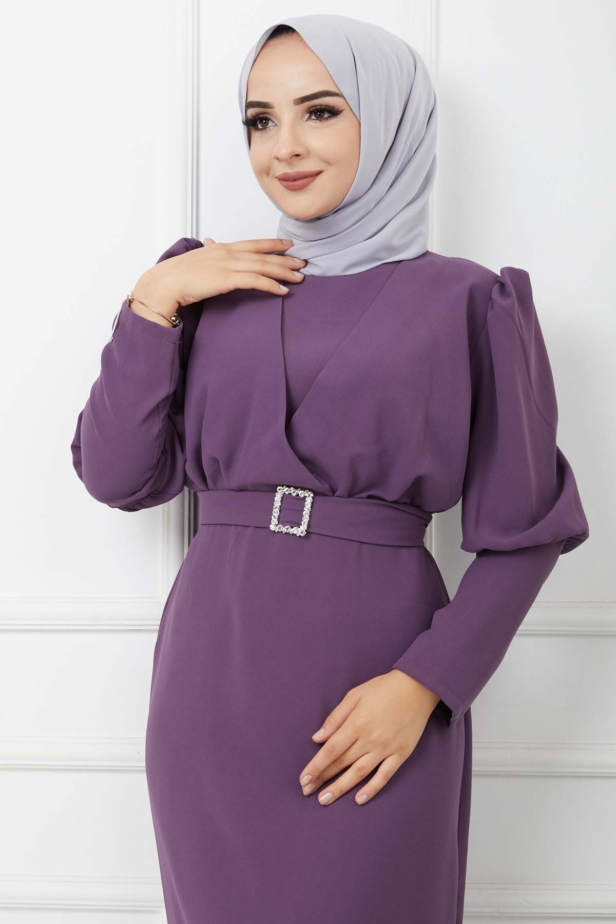 Süper Krep Kemerli Elbise - Lila