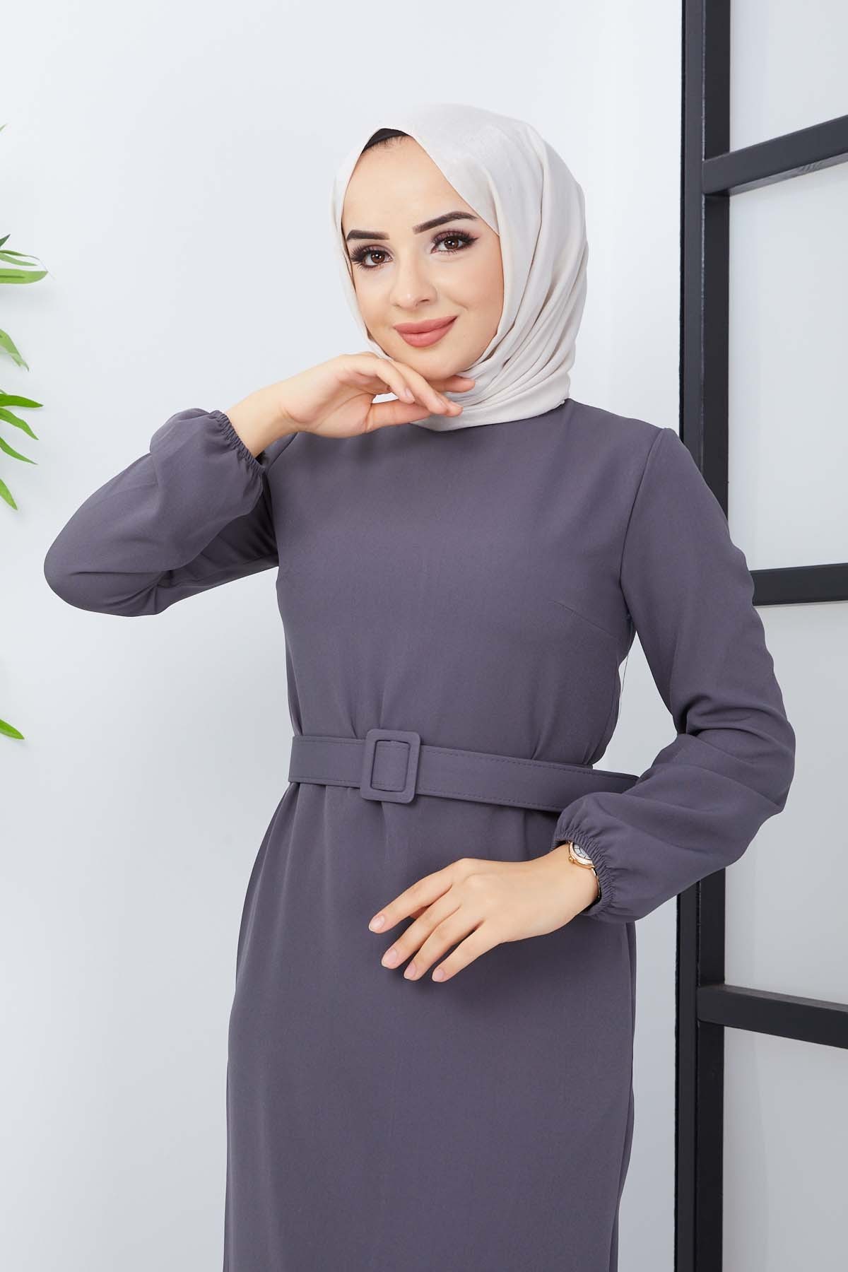 Gülce Krep Elbise - Gri