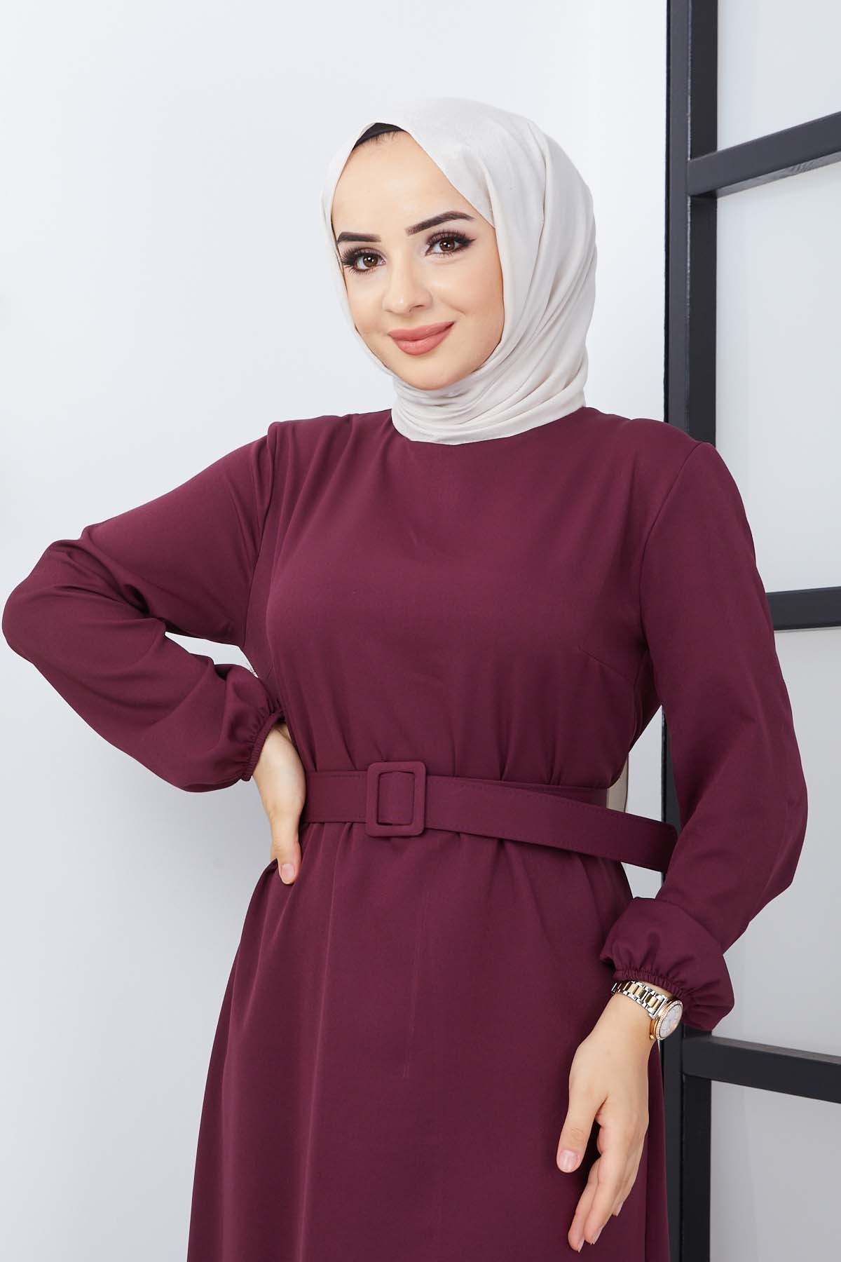 Gülce Krep Elbise - Mürdüm