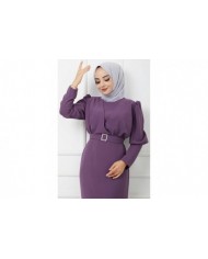 Süper Krep Kemerli Elbise - Lila