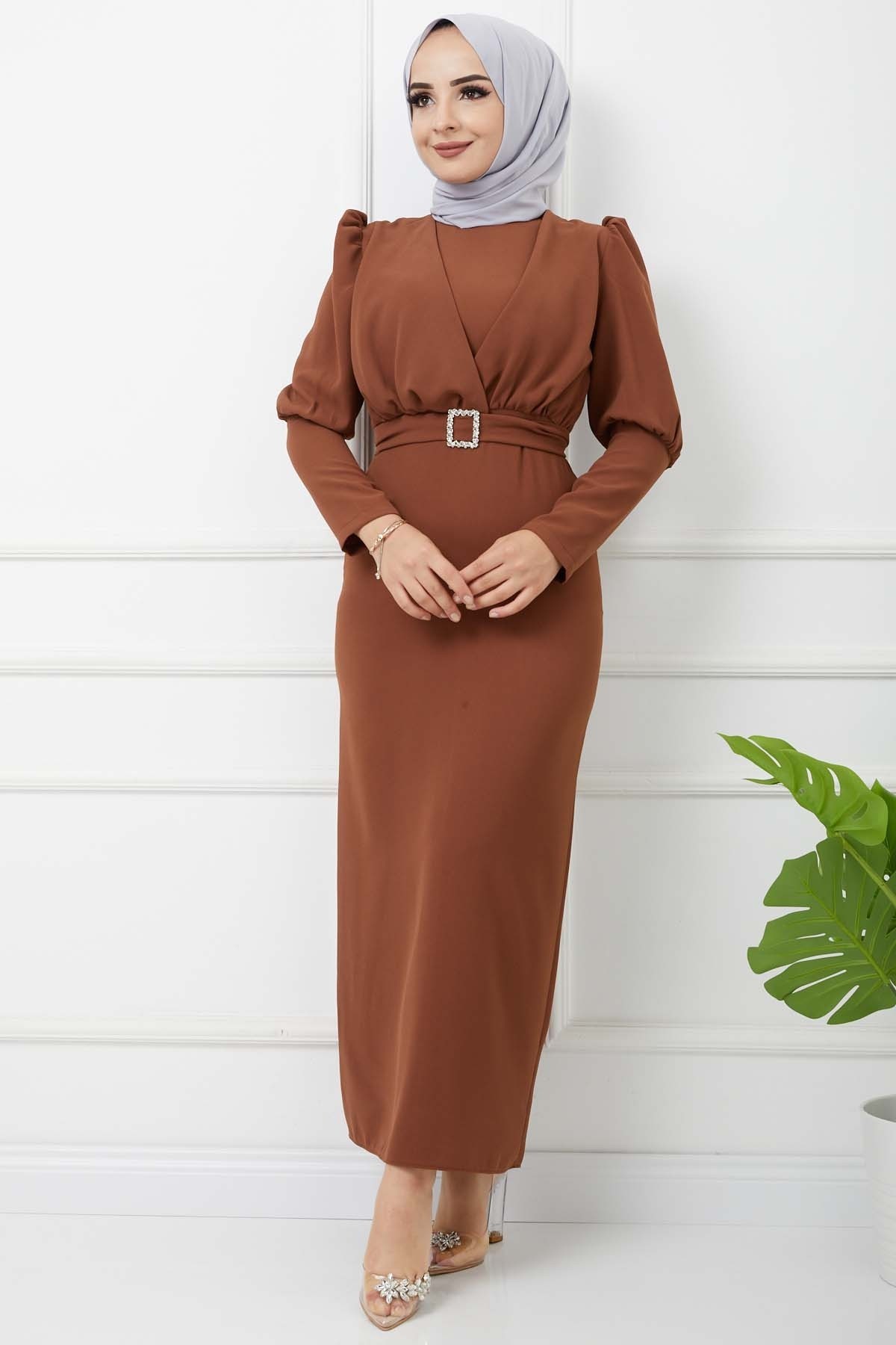 Süper Krep Kemerli Elbise - Taba