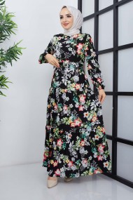 Mimoza Viskon Elbise - Siyah