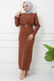 Süper Krep Kemerli Elbise - Taba