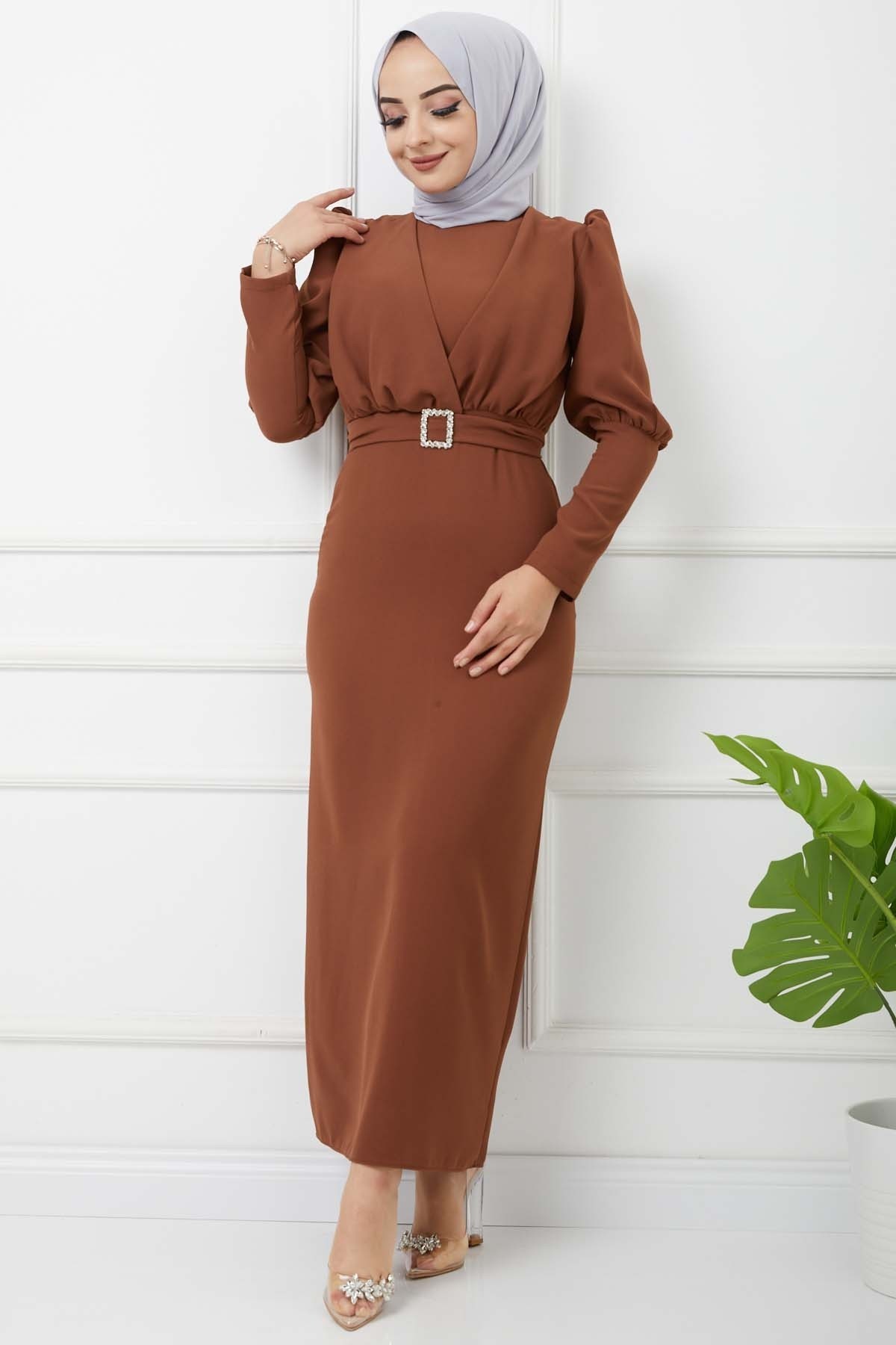 Süper Krep Kemerli Elbise - Taba