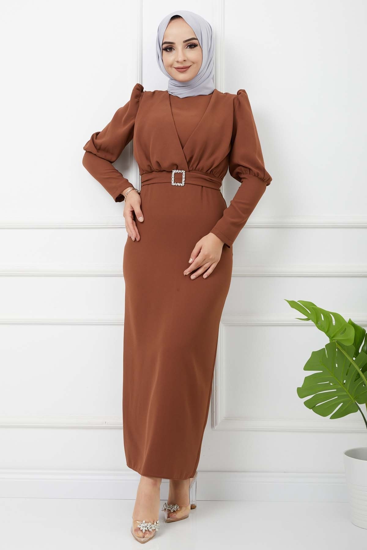 Süper Krep Kemerli Elbise - Taba